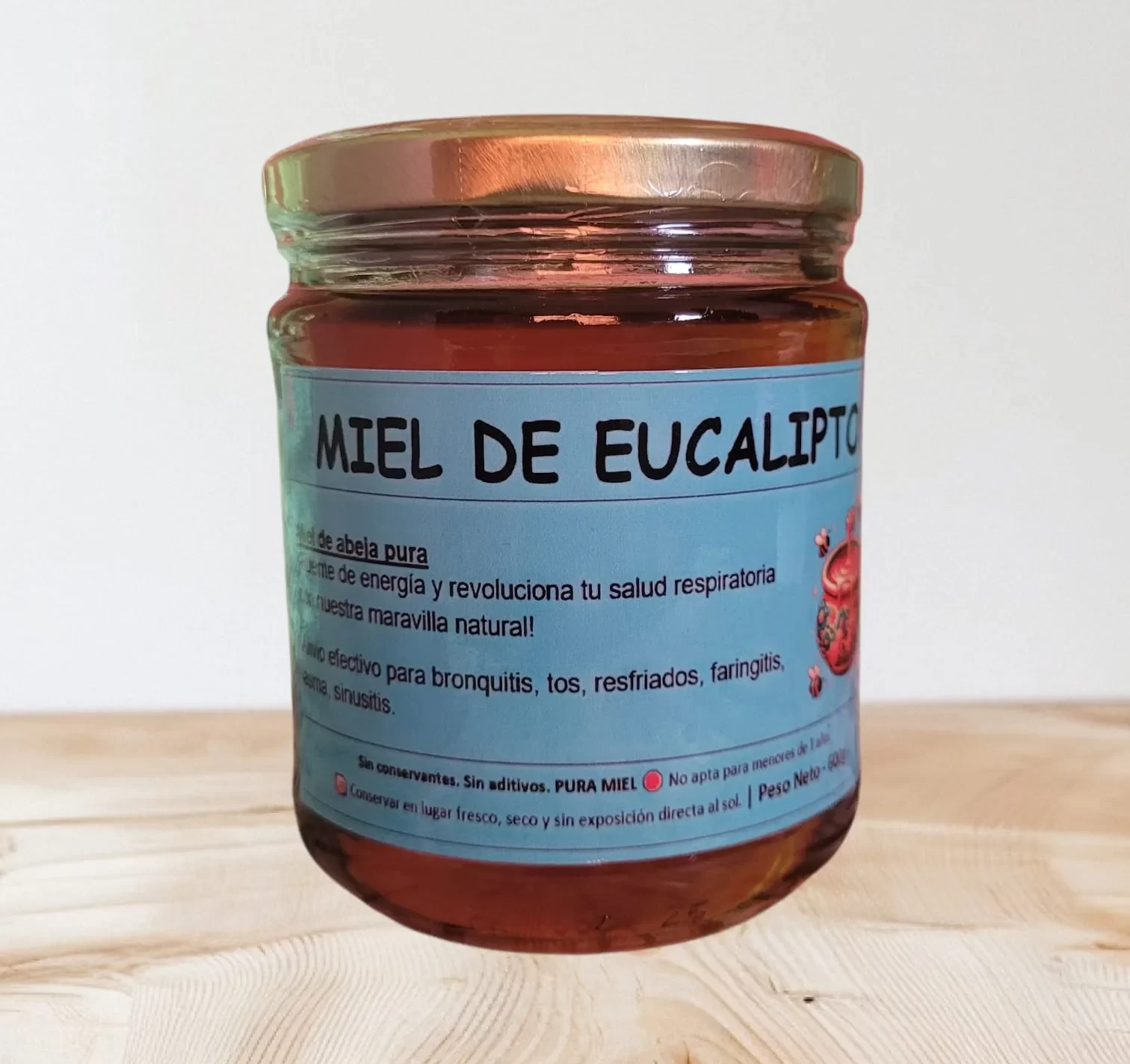 Miel de Eucalipto pura 100% natural en frasco de vidrio – ideal para la tos, bronquitis y fortalecer el sistema inmunológico.