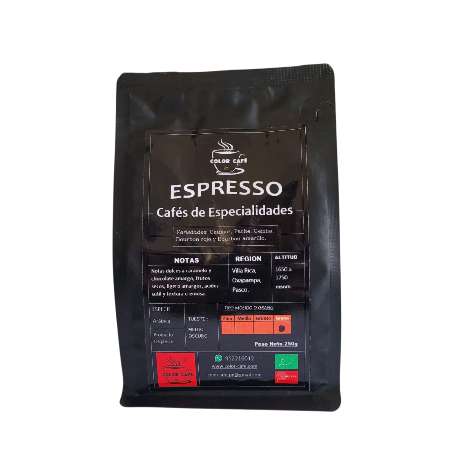 Café de especialidad Villa Rica 86 pts con notas a chocolate y caramelo.