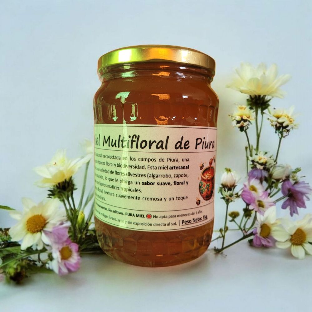 Frasco de miel multifloral artesanal de Piura con flores silvestres.