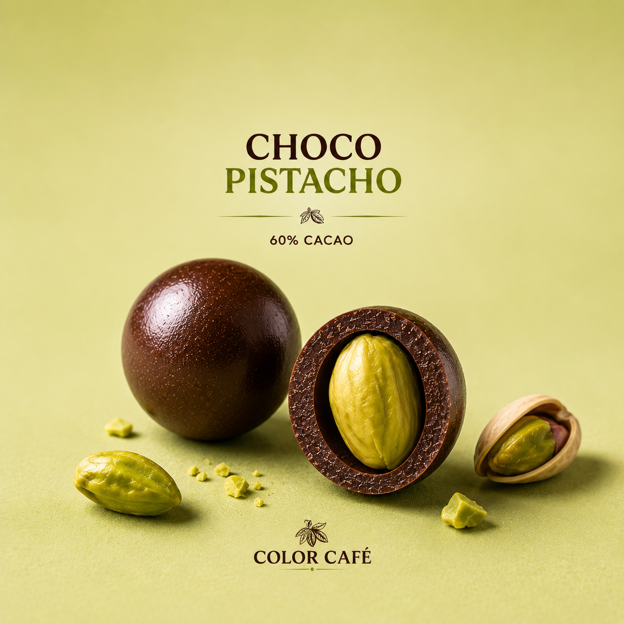 Pistachos con Chocolate Premium de Color Café elaborados con pistachos tostados y chocolate al 60% de cacao.